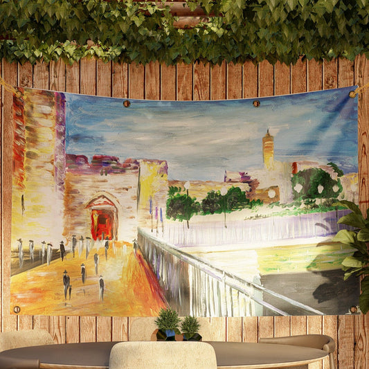 Stunning sukkah tapestry of Jerusalem with built-in grommets and ties hanging in kosher sukkah