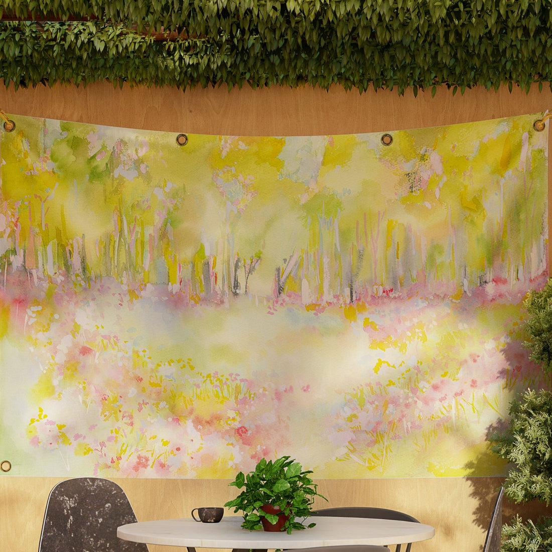 Lost in the Blossoms Sukkah tapestry with ties and built-in grommets