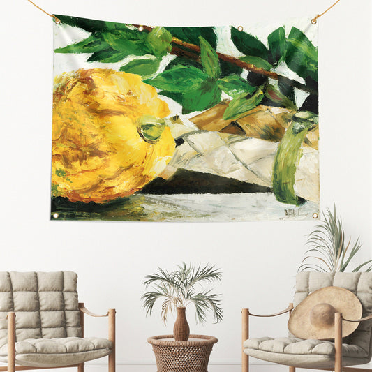 Four Species Sukkah mural with built-in ties and grommets