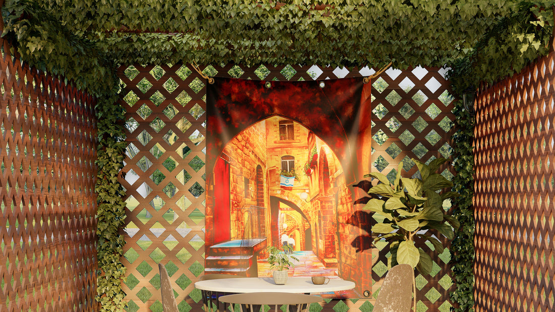 Home sukkah mural with built in grommets and zip ties