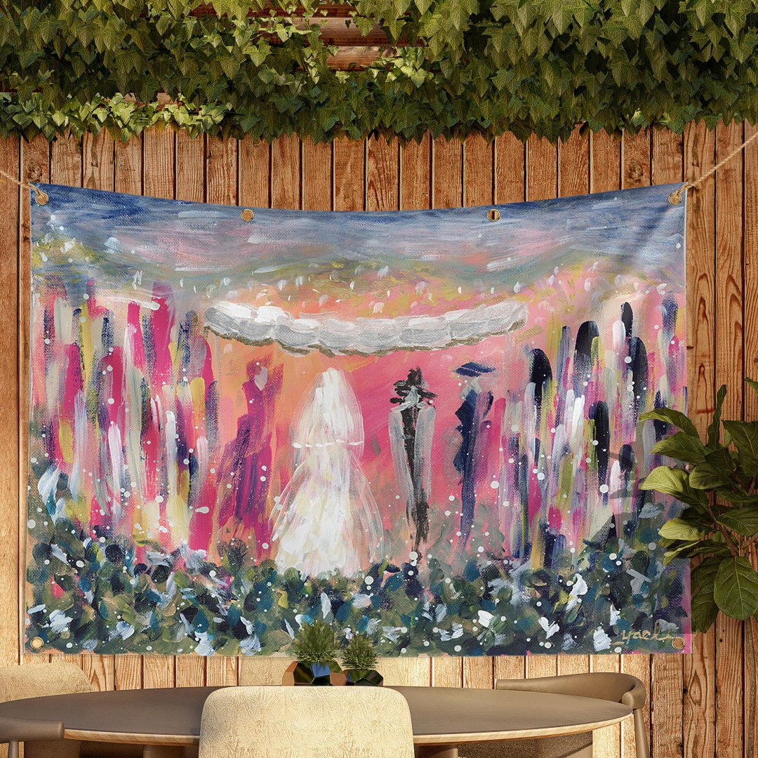 Sukkah tapestry of a Jewish wedding with built-in gromets