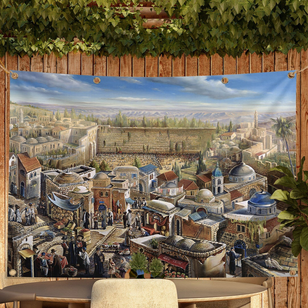 Jerusalem harova Sukkah mural with built in ties and grommets