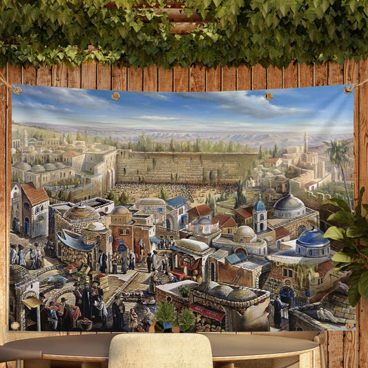 Jerusalem harova Sukkah mural with built in ties and grommets