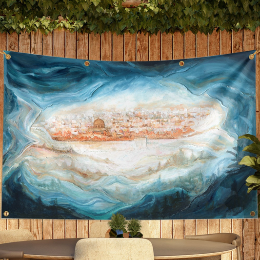 Serenity of Jerusalem sukkah tapestry with built in ties and grommets