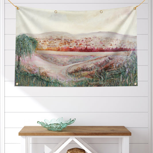 The radiance of Jerusalem Sukkah mural with built-in grommets and ties