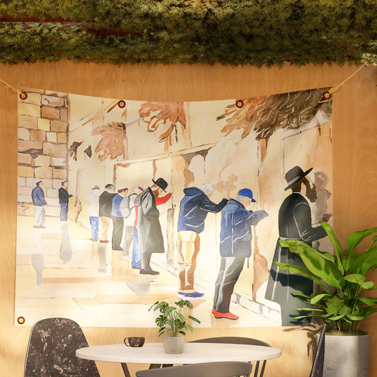 Like one man with one heart Sukkah tapestry with built-in ties and grommets
